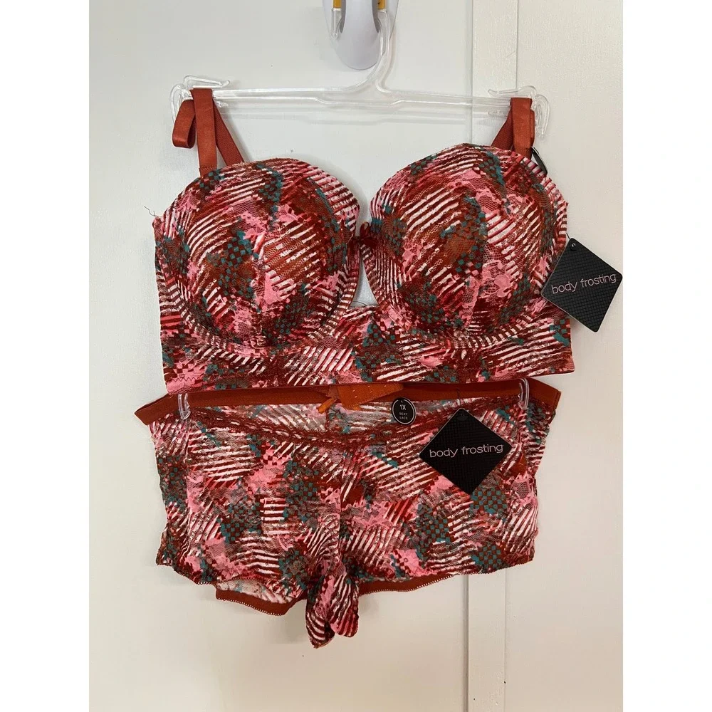 Body Frosting 2pc Longline Bra and Panty Set Multicolor Lace 40C 1X BR-34247X